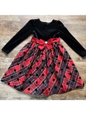Dollie & Me Girls Size 8 Velvet and Plaid Holiday Dress with Red Bow